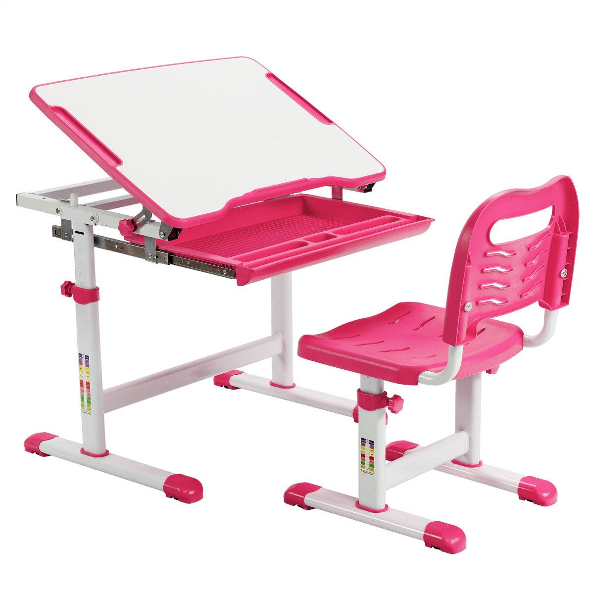 Set, Escritorio Infantil y Silla Infantil, Escritorio Infantil Primaria con Altura Regulable Superficie, Rosa, Costway, 1