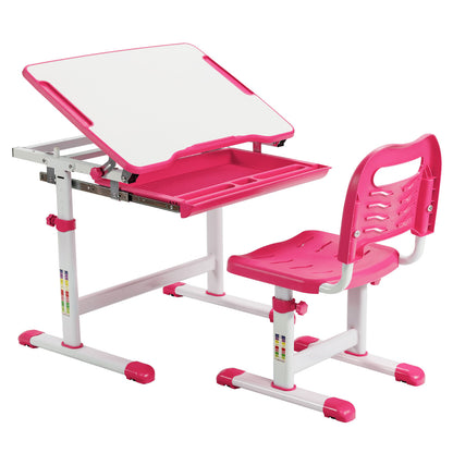 Set, Escritorio Infantil y Silla Infantil, Escritorio Infantil Primaria con Altura Regulable Superficie, Rosa, Costway, 1