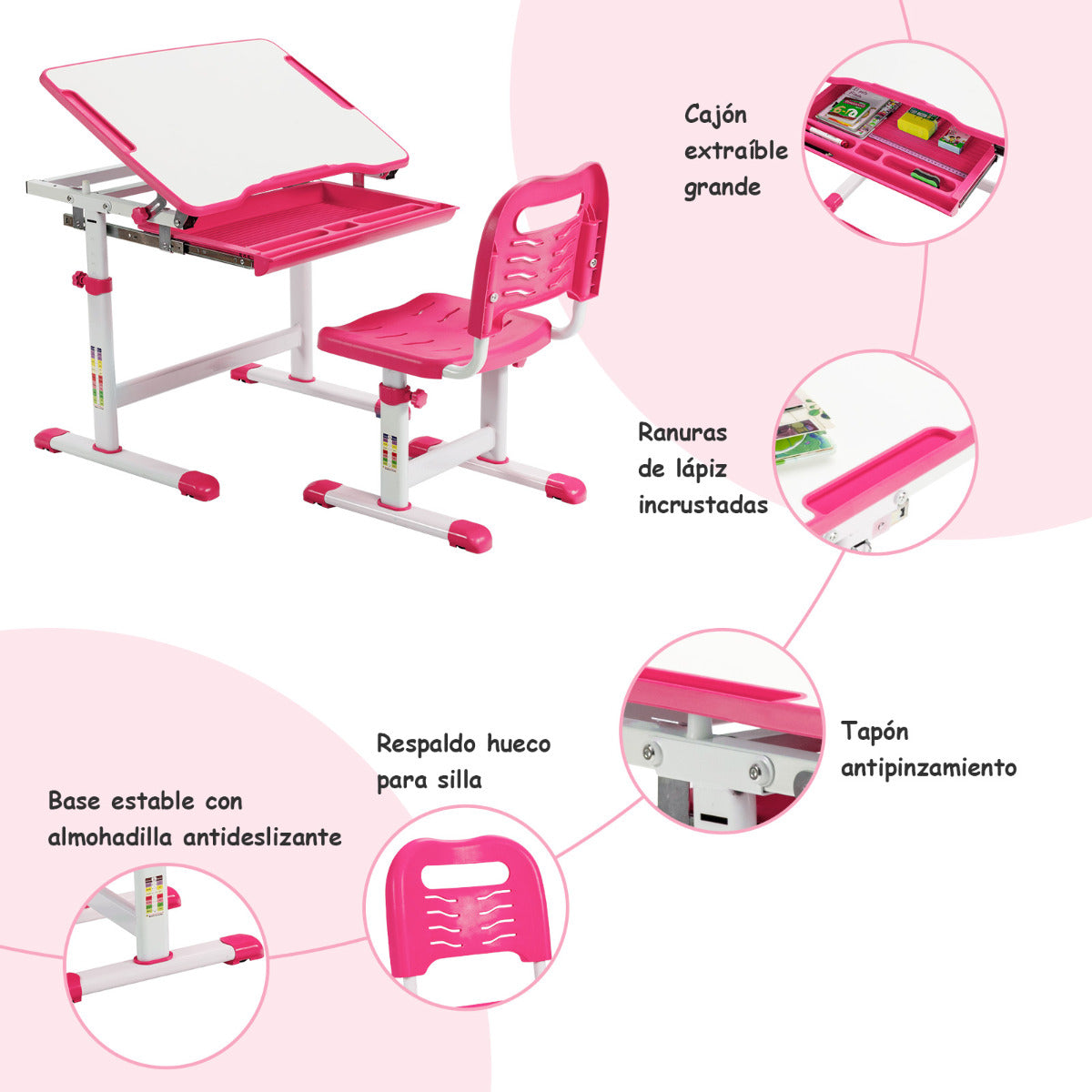 Set, Escritorio Infantil y Silla Infantil, Escritorio Infantil Primaria con Altura Regulable Superficie, Rosa, Costway, 7