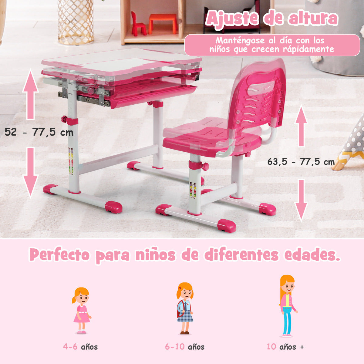 Set, Escritorio Infantil y Silla Infantil, Escritorio Infantil Primaria con Altura Regulable Superficie, Rosa, Costway, 3