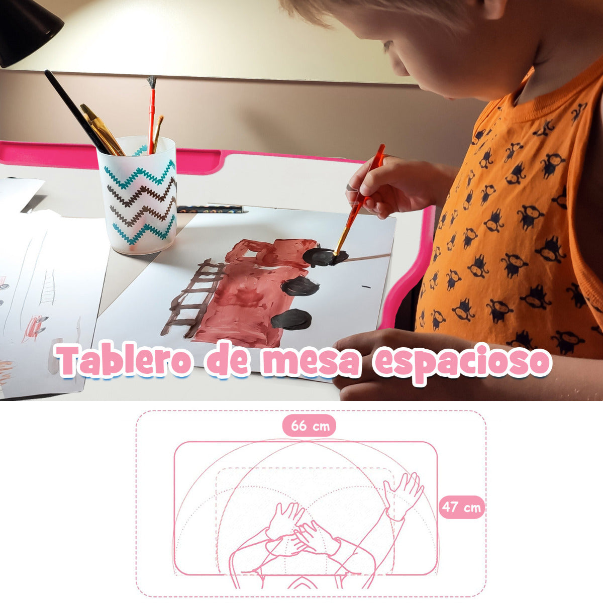 Set, Escritorio Infantil y Silla Infantil, Escritorio Infantil Primaria con Altura Regulable Superficie, Rosa, Costway, 6