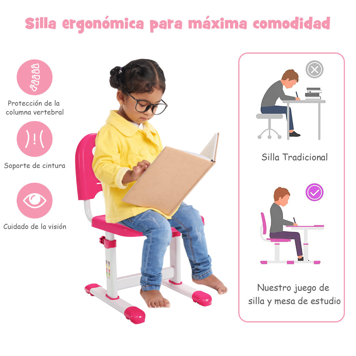 Set, Escritorio Infantil y Silla Infantil, Escritorio Infantil Primaria con Altura Regulable Superficie, Rosa, Costway, 8