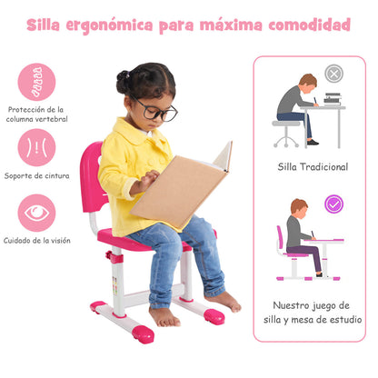 Set, Escritorio Infantil y Silla Infantil, Escritorio Infantil Primaria con Altura Regulable Superficie, Rosa, Costway, 8
