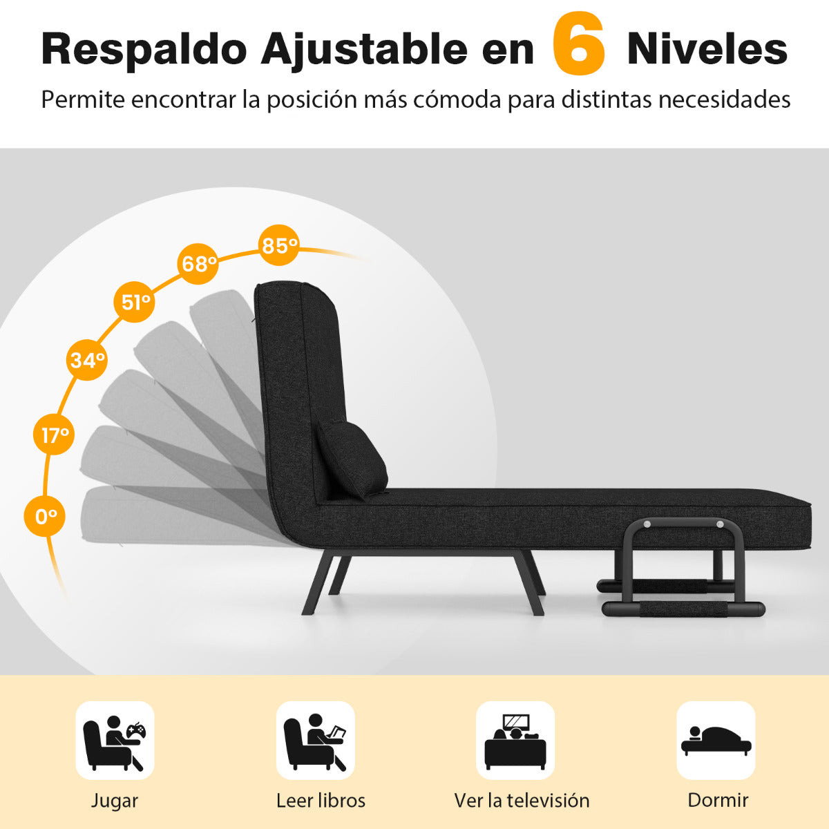 Sillon Cama, Sofa Cama, Sillon Individual, Sofa cama Individual, Convertible Plegable, Respaldo Ajustable, Negro, Costway, 5