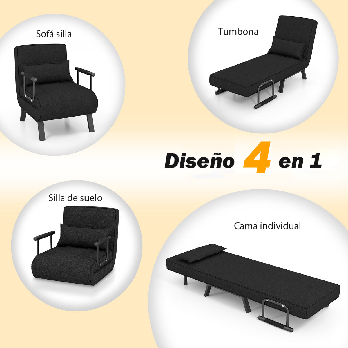 Sillon Cama, Sofa Cama, Sillon Individual, Sofa cama Individual, Convertible Plegable, Respaldo Ajustable, Negro, Costway, 6