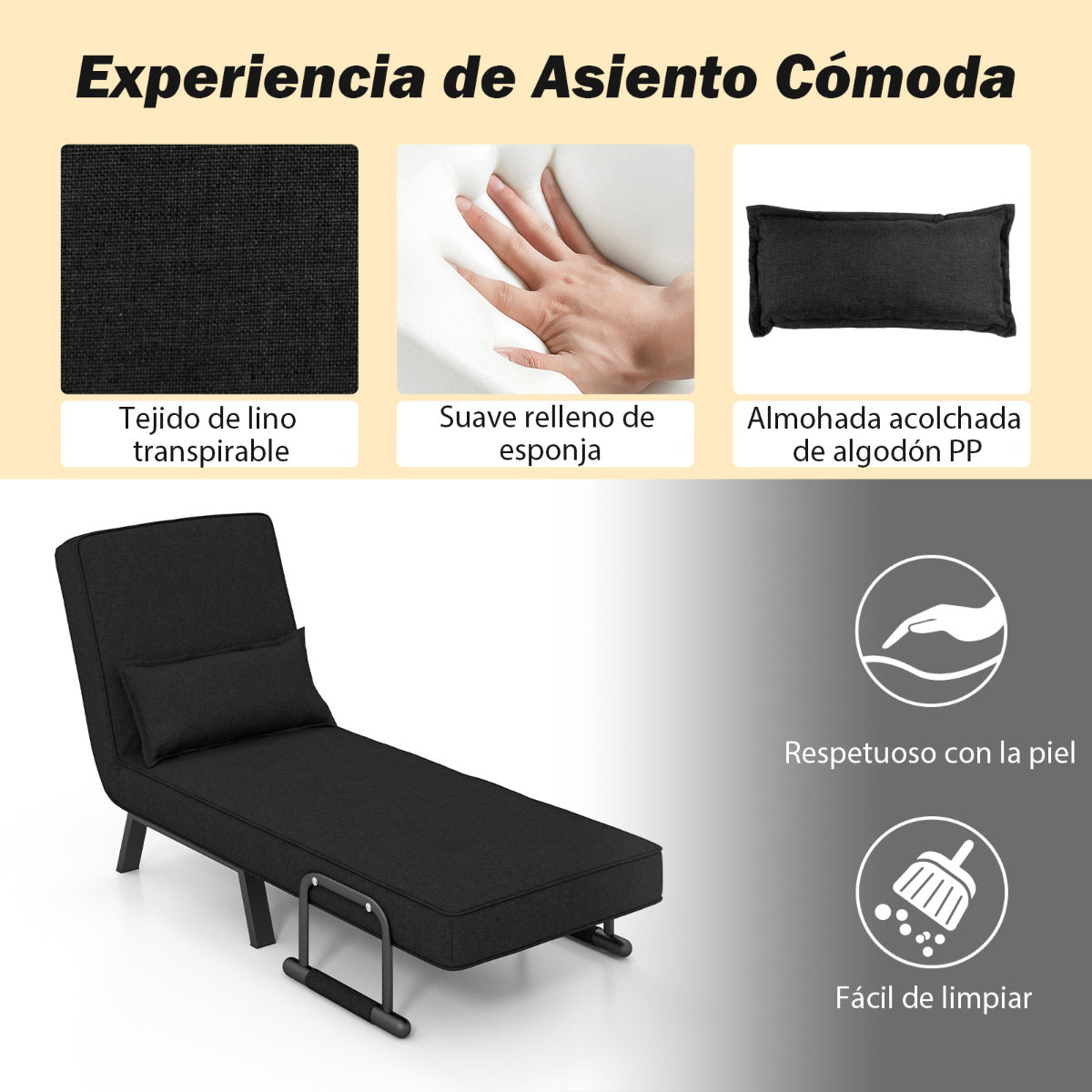 Sillon Cama, Sofa Cama, Sillon Individual, Sofa cama Individual, Convertible Plegable, Respaldo Ajustable, Negro, Costway, 7