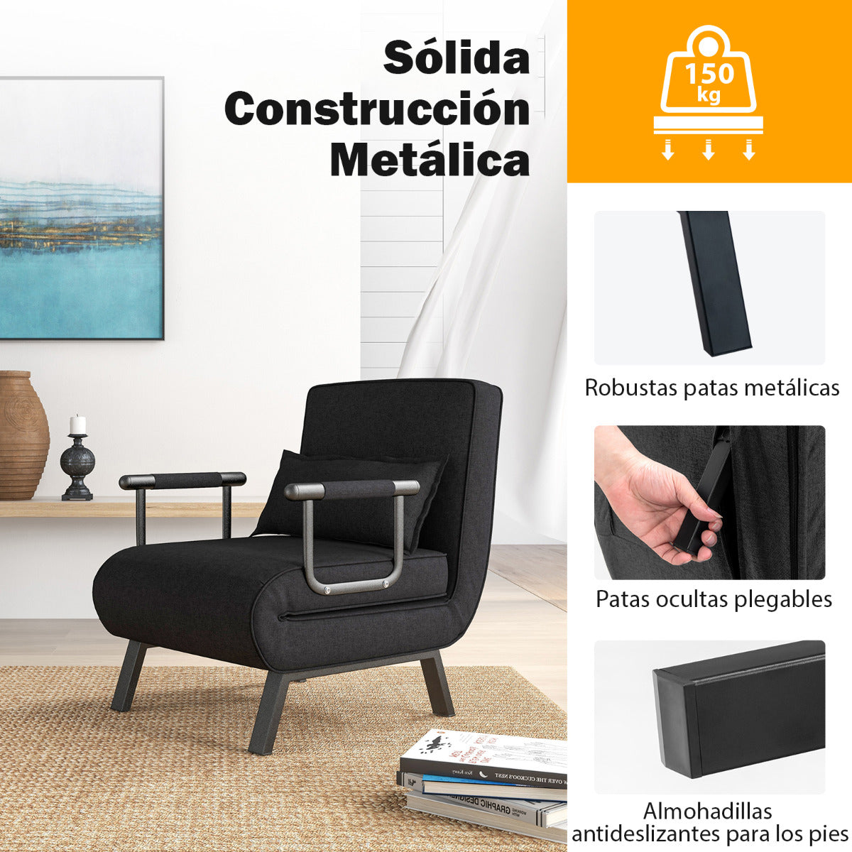 Sillon Cama, Sofa Cama, Sillon Individual, Sofa cama Individual, Convertible Plegable, Respaldo Ajustable, Negro, Costway, 8