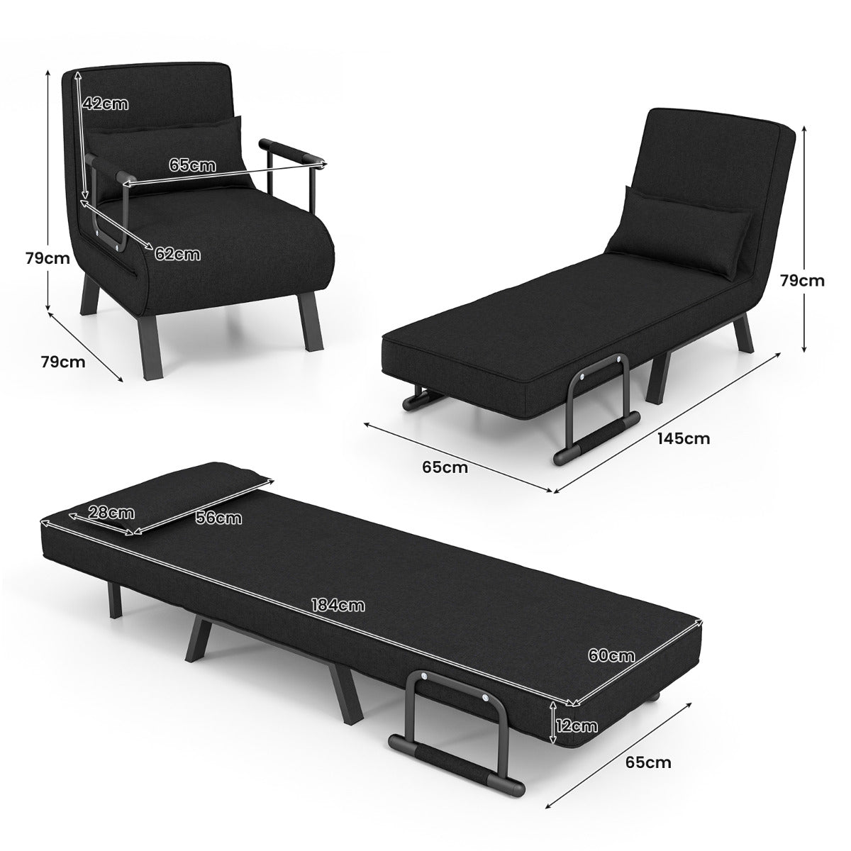 Sillon Cama, Sofa Cama, Sillon Individual, Sofa cama Individual, Convertible Plegable, Respaldo Ajustable, Negro, Costway, 3