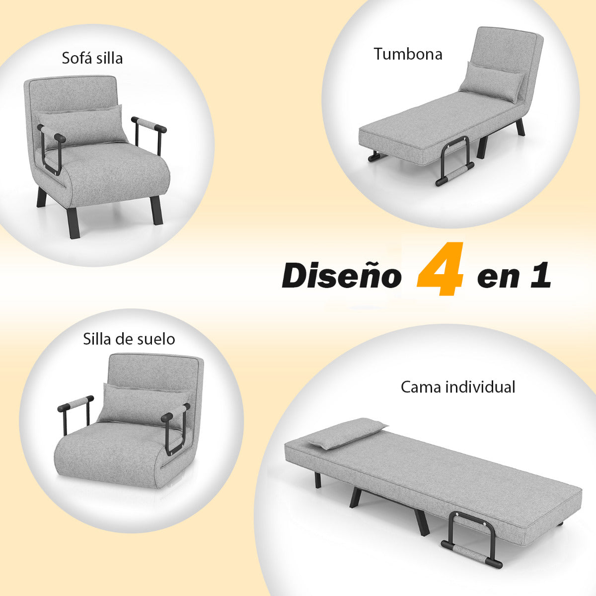 Sofa Cama, Sillon Cama, Sofa Cama Pequeño, Convertible Plegable Individual Respaldo Ajustable Cojín Desmontable, Gris, Costway, 6