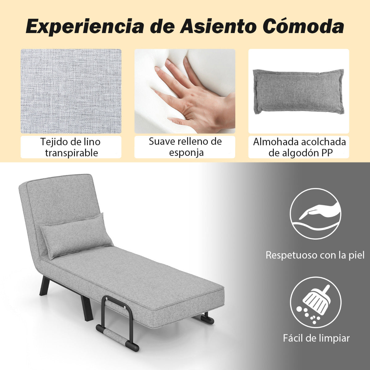 Sofa Cama, Sillon Cama, Sofa Cama Pequeño, Convertible Plegable Individual Respaldo Ajustable Cojín Desmontable, Gris, Costway, 7