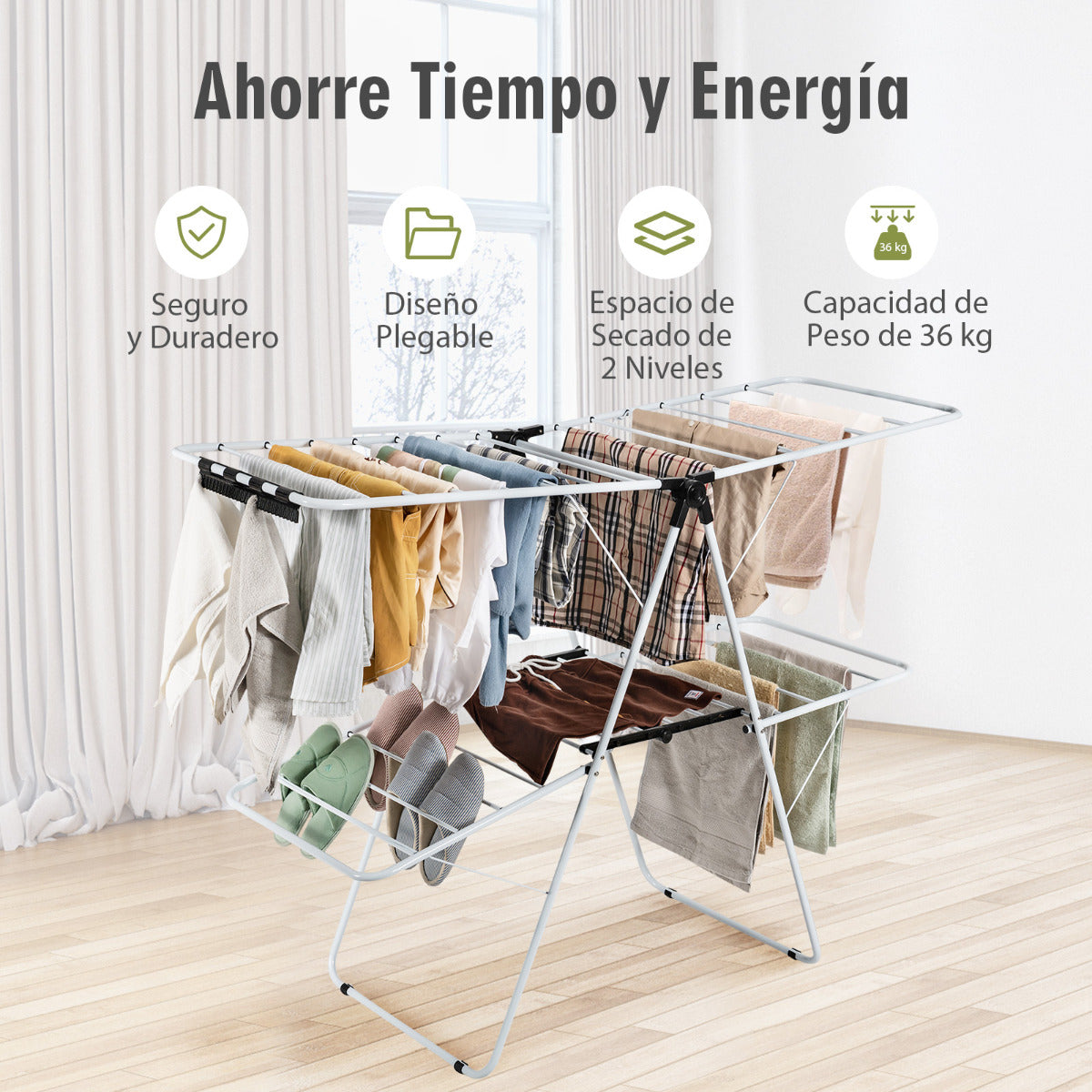 Tendedero Plegable, de 2 Niveles Tendedero de ropa, Alas Ajustables, para Ropa, Zapatos, Mantas, Marco Acero, Blanco, Costway, 5