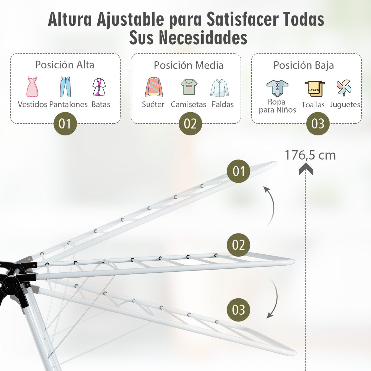 Tendedero Plegable, de 2 Niveles Tendedero de ropa, Alas Ajustables, para Ropa, Zapatos, Mantas, Marco Acero, Blanco, Costway, 6