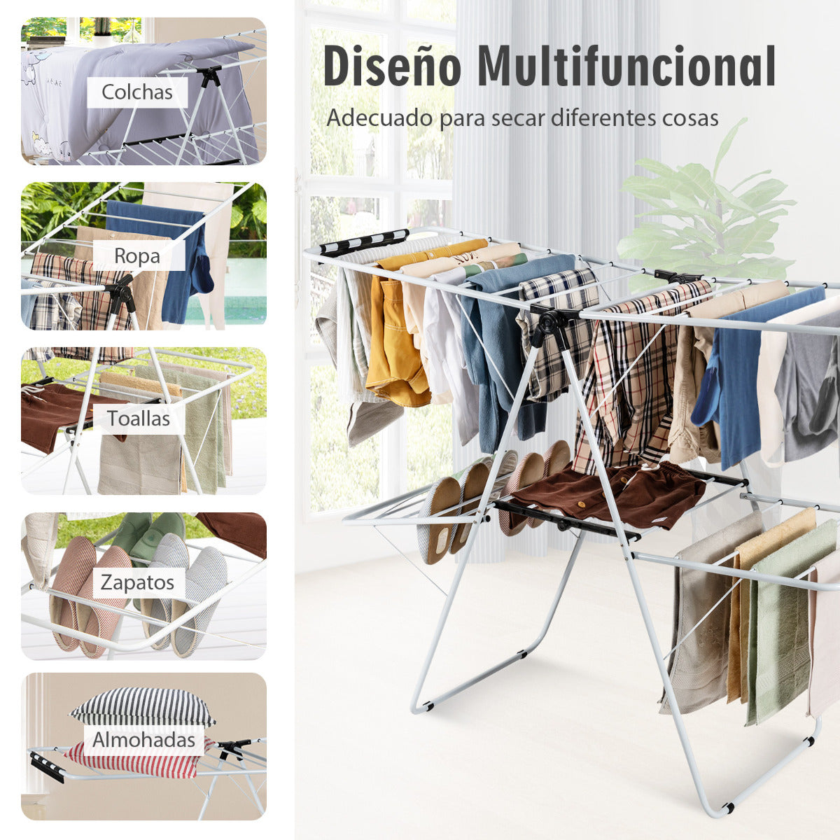Tendedero Plegable, de 2 Niveles Tendedero de ropa, Alas Ajustables, para Ropa, Zapatos, Mantas, Marco Acero, Blanco, Costway, 4