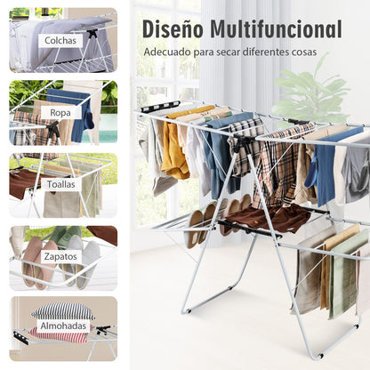 Tendedero Plegable, de 2 Niveles Tendedero de ropa, Alas Ajustables, para Ropa, Zapatos, Mantas, Marco Acero, Blanco, Costway, 4