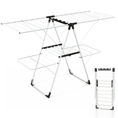 Tendedero Balcon, 2 Niveles, Tendedero Plegable, Alas Ajustables en Altura, 33 Rieles de Secado y Clips para Calcetines, Costway, 2
