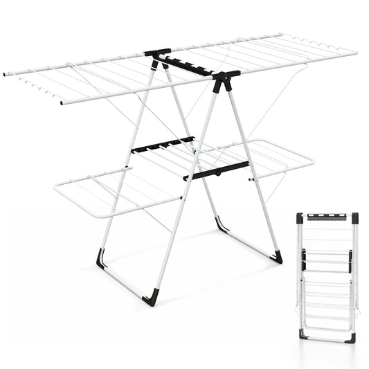 Tendedero Balcon, 2 Niveles, Tendedero Plegable, Alas Ajustables en Altura, 33 Rieles de Secado y Clips para Calcetines, Costway, 2