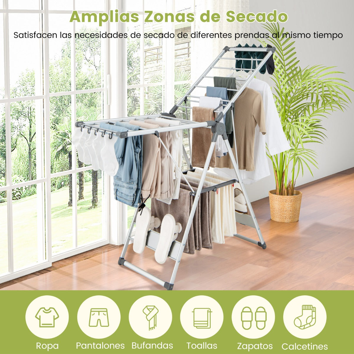 Tendedero Plegable, 5 Niveles, Altura Ajustable, Tendedero Balcon, 10 Clips Laterales, 4 Soportes para Zapato, Aluminio, Costway, 5