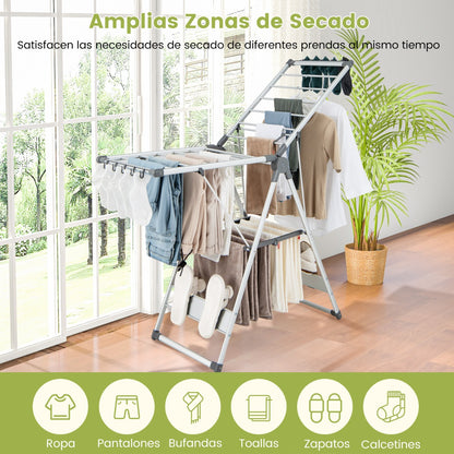 Tendedero Plegable, 5 Niveles, Altura Ajustable, Tendedero Balcon, 10 Clips Laterales, 4 Soportes para Zapato, Aluminio, Costway, 5