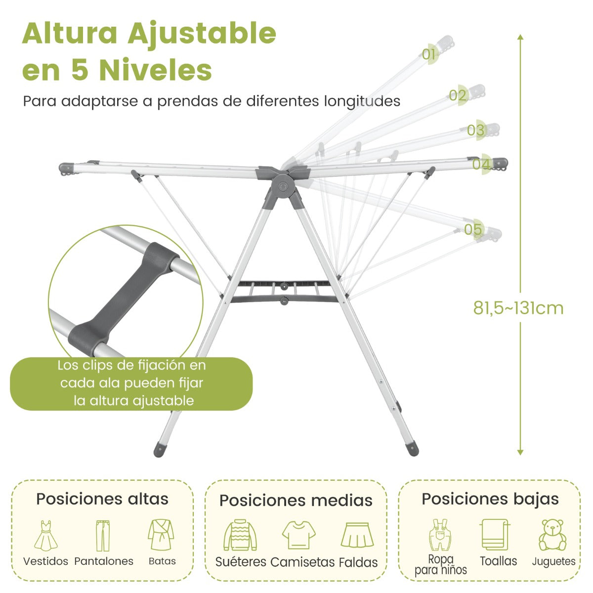 Tendedero Plegable, 5 Niveles, Altura Ajustable, Tendedero Balcon, 10 Clips Laterales, 4 Soportes para Zapato, Aluminio, Costway, 6