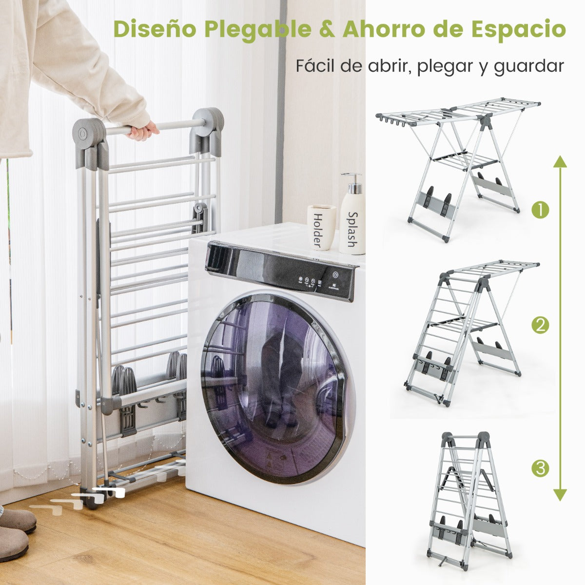 Tendedero Plegable, 5 Niveles, Altura Ajustable, Tendedero Balcon, 10 Clips Laterales, 4 Soportes para Zapato, Aluminio, Costway, 7
