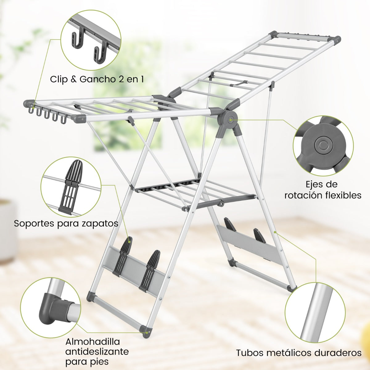 Tendedero Plegable, 5 Niveles, Altura Ajustable, Tendedero Balcon, 10 Clips Laterales, 4 Soportes para Zapato, Aluminio, Costway, 8