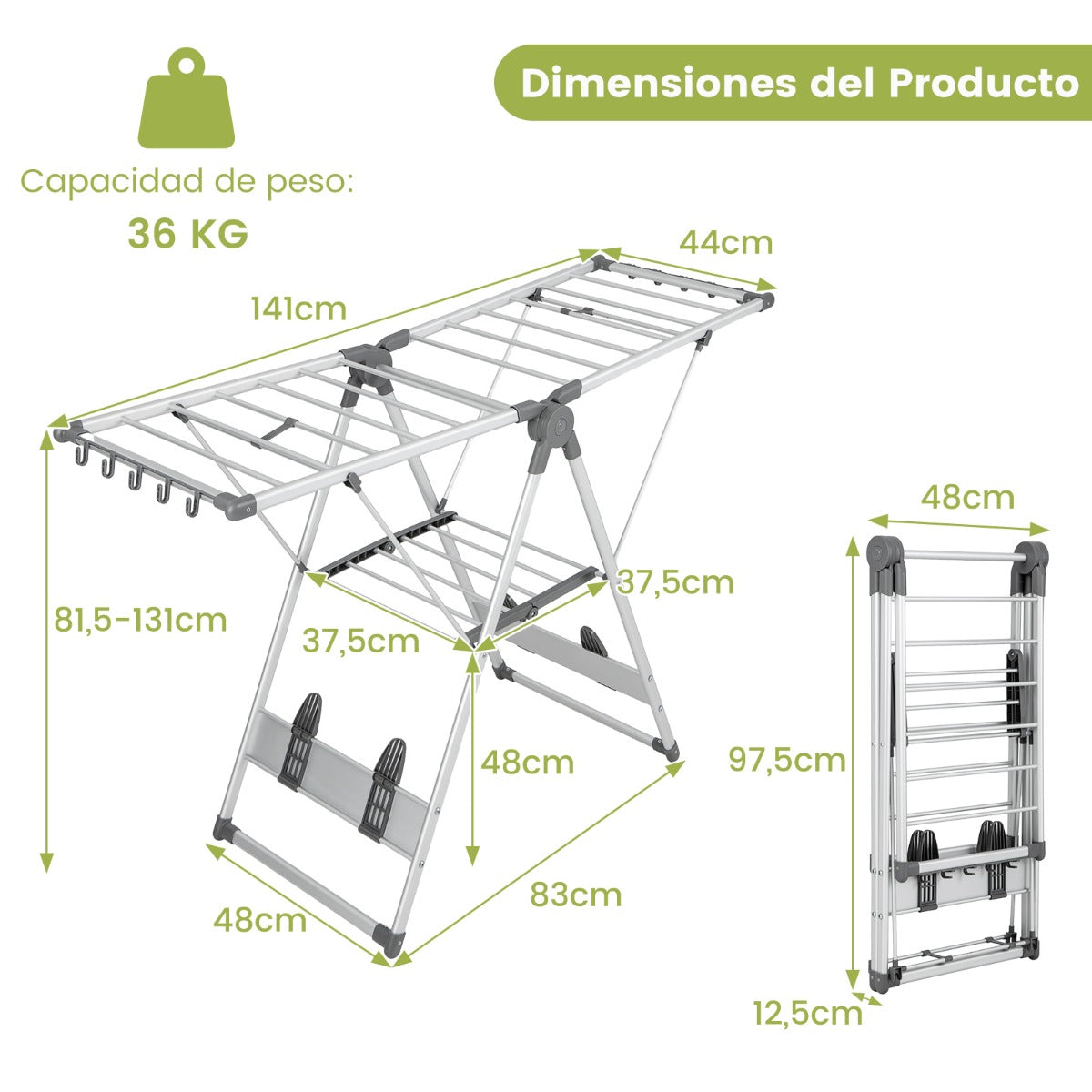 Tendedero Plegable, 5 Niveles, Altura Ajustable, Tendedero Balcon, 10 Clips Laterales, 4 Soportes para Zapato, Aluminio, Costway, 3