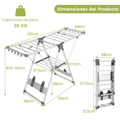 Tendedero Plegable, 5 Niveles, Altura Ajustable, Tendedero Balcon, 10 Clips Laterales, 4 Soportes para Zapato, Aluminio, Costway, 3