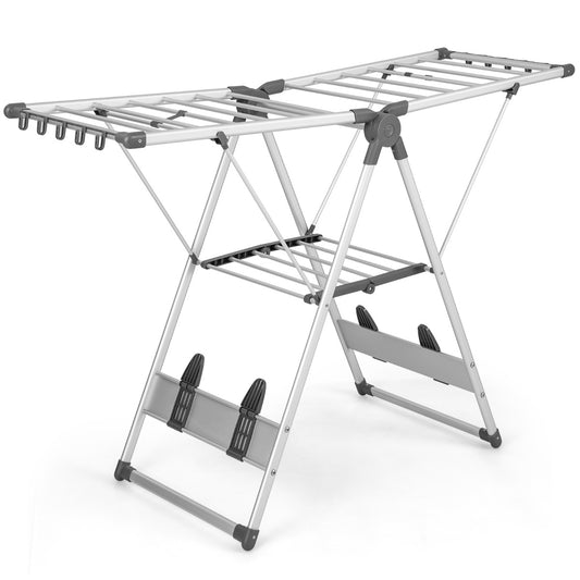 Tendedero Plegable, 5 Niveles, Altura Ajustable, Tendedero Balcon, 10 Clips Laterales, 4 Soportes para Zapato, Aluminio, Costway, 2