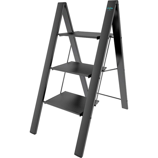  Escaleras de aluminio, Escalera 3 peldaños, Escalera plegable, Carga 150 kg, robusto y resistente, Negro, Colombo LEONARDO 3 , 1