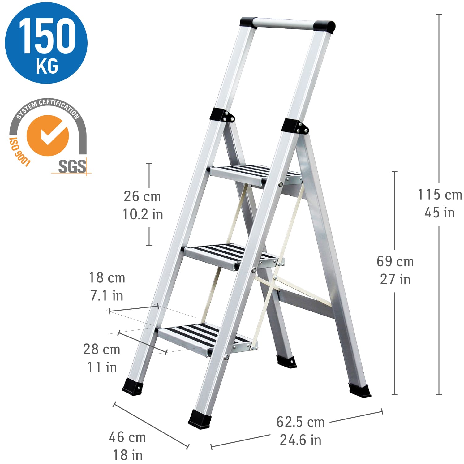 Tatkraft Adamant - Escalera Plegable hecha de Aluminio, 3 Escalones Antideslizantes, Soporta hasta 150 kg, 46 x 62.5 x 115 cm