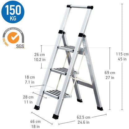 Tatkraft Adamant - Escalera Plegable hecha de Aluminio, 3 Escalones Antideslizantes, Soporta hasta 150 kg, 46 x 62.5 x 115 cm