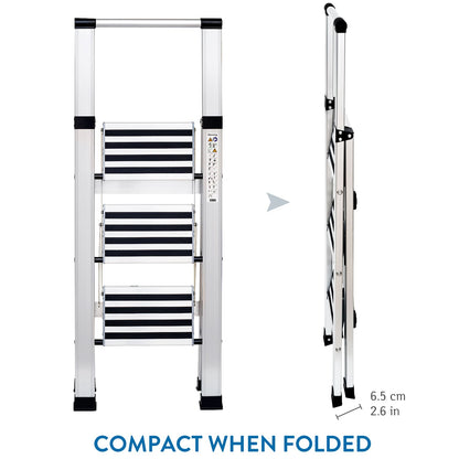 Escalera Plegable, de Aluminio, 3 Escalones Antideslizantes, Soporta - 150 kg - Tatkraft Adamant