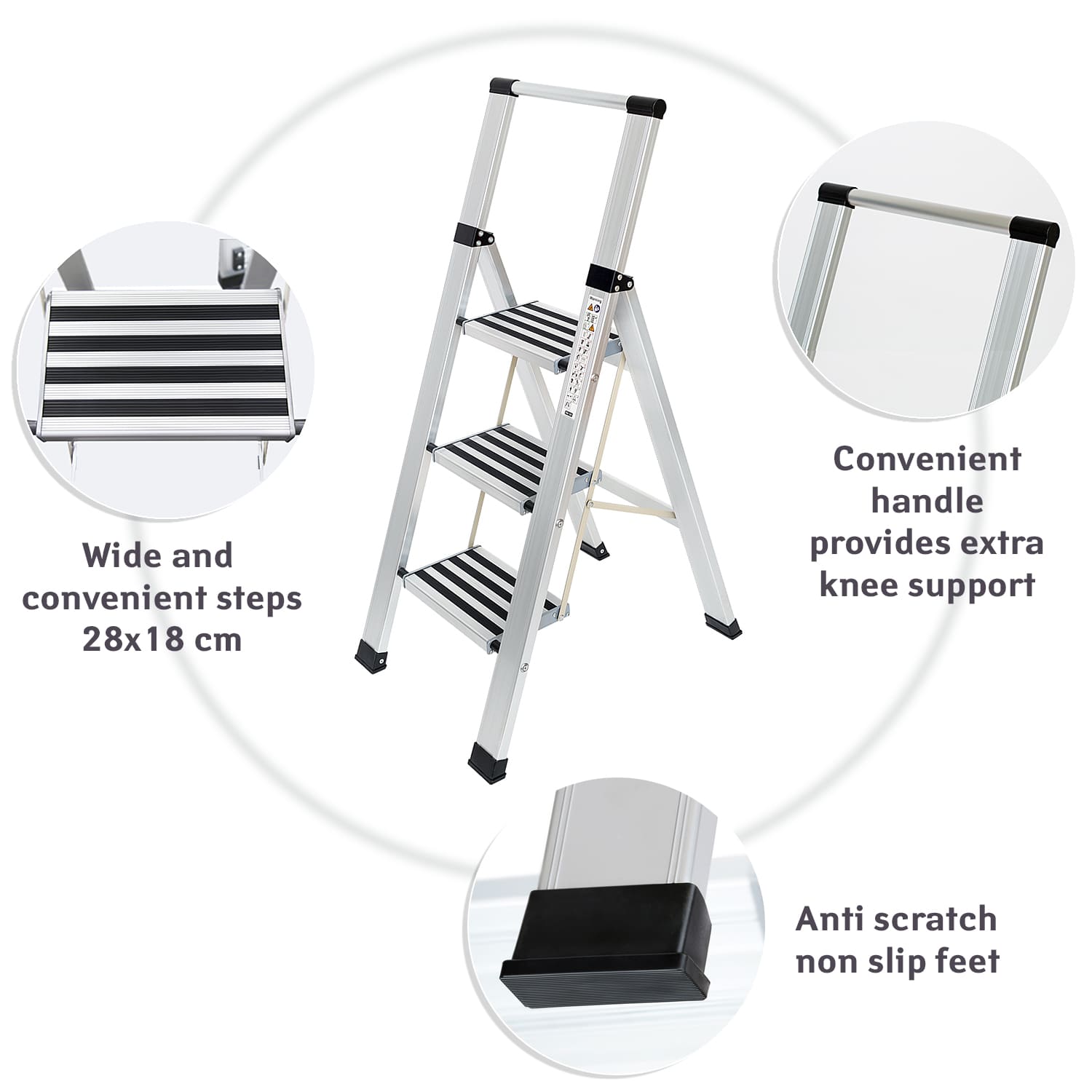 Escalera Plegable, de Aluminio, 3 Escalones Antideslizantes, Escalera 3 Peldaños, 150 kg - Tatkraft Adamant