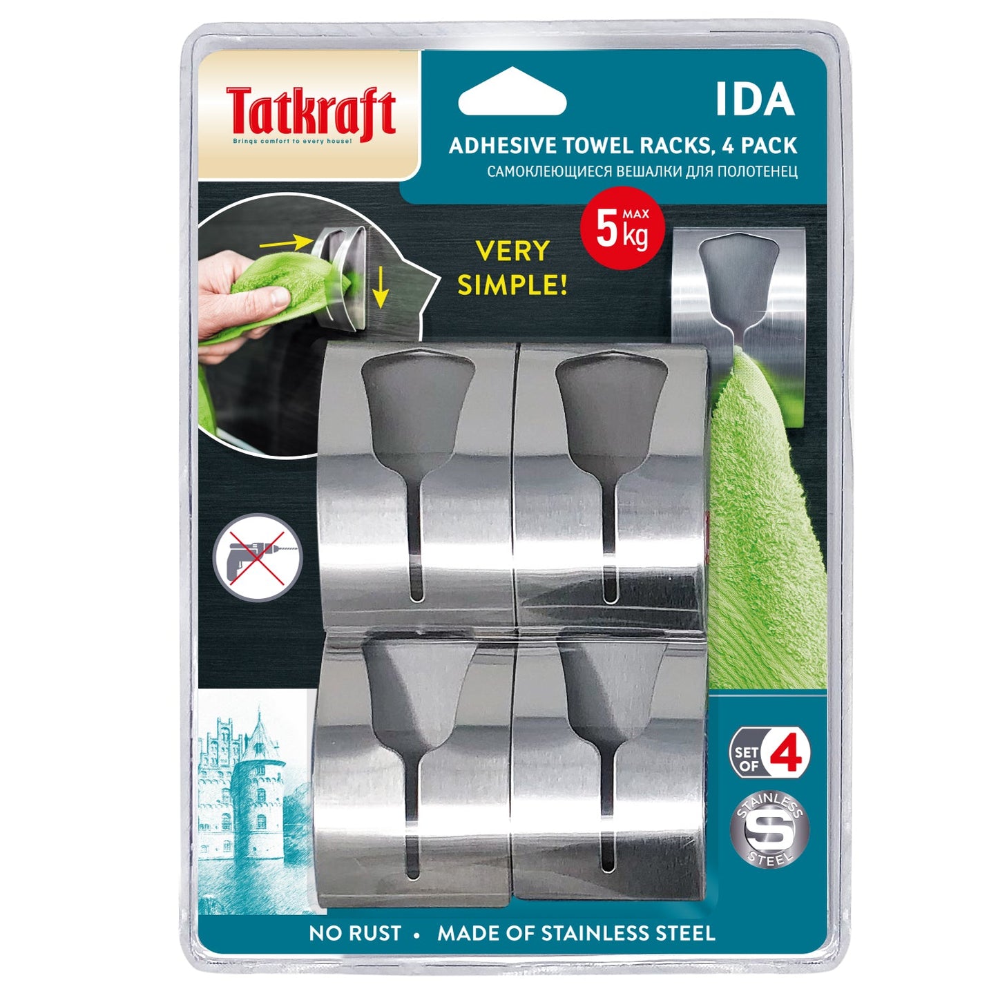 Tatkraft Ida Colgadores Adhesivos para Toallas, Set de Toalleros de 4 Unidades, Hasta 5 kg, Acero Inoxidable