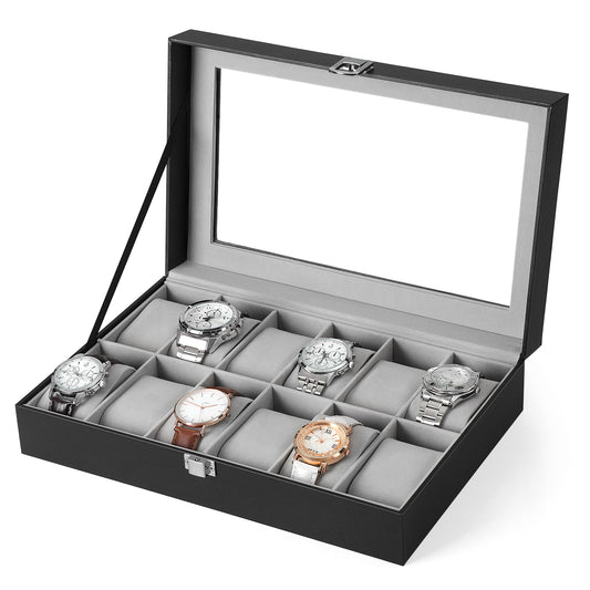 SONGMICS - Caja de Relojes con 12 Compartimentos, Estuche para Relojes con Tapa de Cristal, Almohada extraíble, Forro de Terciopelo, Cierre de Metal