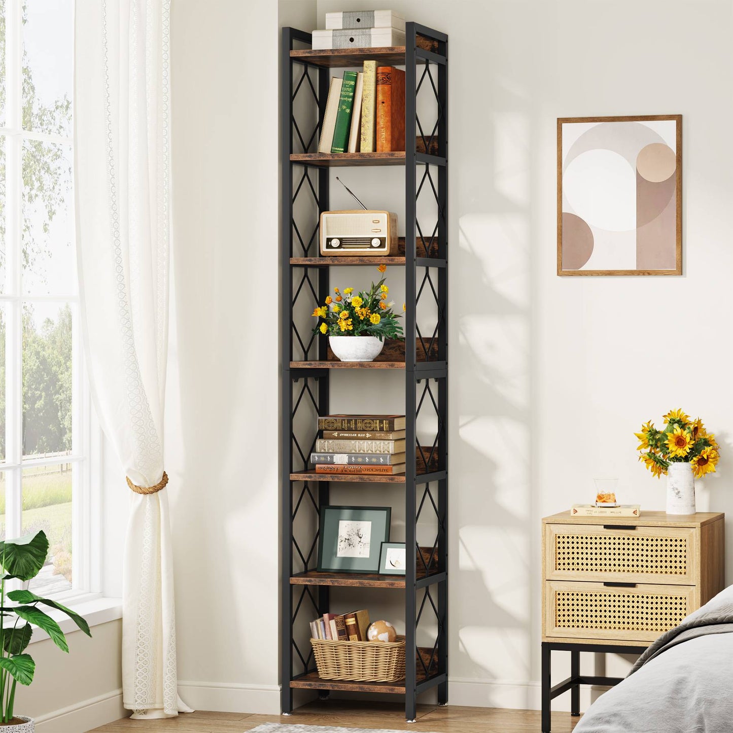 Tribesigns - Librería de 7 Niveles, 200 cm Estantería Alta, Estantería Almacenaje de Madera y Metal para Espacios pequeños, Estantería para Oficina