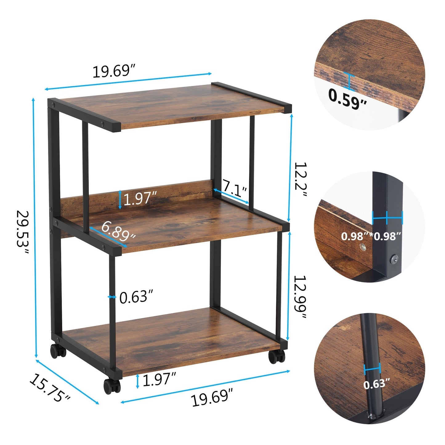 Tribesigns - Soporte para impresora de 3 estantes con almacenamiento, carro de mesa con ruedas, marrón rustico