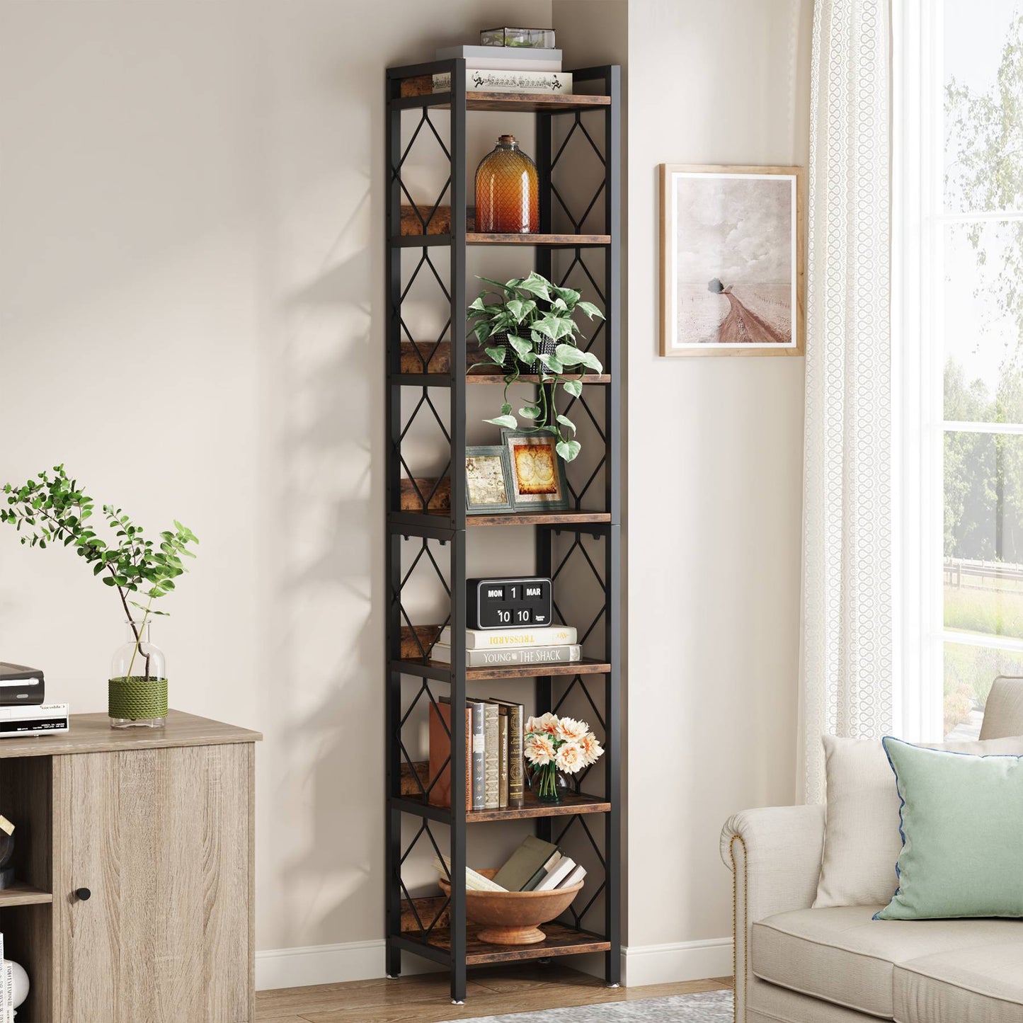 Tribesigns - Librería de 7 Niveles, 200 cm Estantería Alta, Estantería Almacenaje de Madera y Metal para Espacios pequeños, Estantería para Oficina