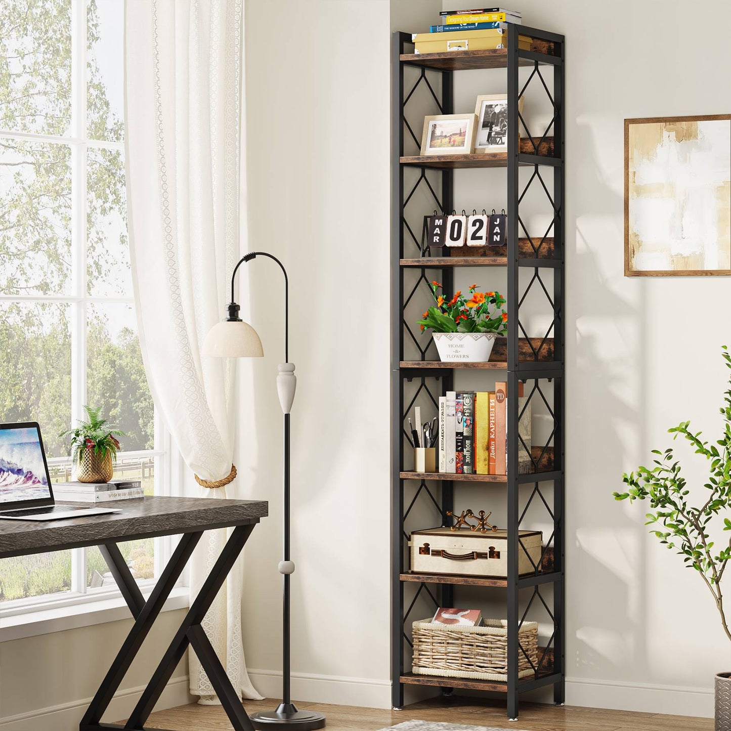 Tribesigns - Librería de 7 Niveles, 200 cm Estantería Alta, Estantería Almacenaje de Madera y Metal para Espacios pequeños, Estantería para Oficina