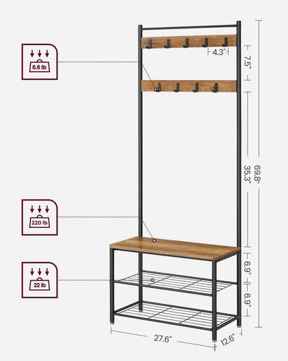 VASAGLE - Capacleador estantes de ropa con estantes de zapatos, estante de zapatos con área de asiento, 3 estantes, altura de 175 cm