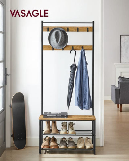 VASAGLE - Capacleador estantes de ropa con estantes de zapatos, estante de zapatos con área de asiento, 3 estantes, altura de 175 cm