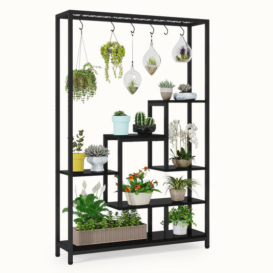 Soporte para plantas de interior de 5 niveles, estante de metal de 180 cm para plantas con ganchos colgantes de 6 piezas para interior