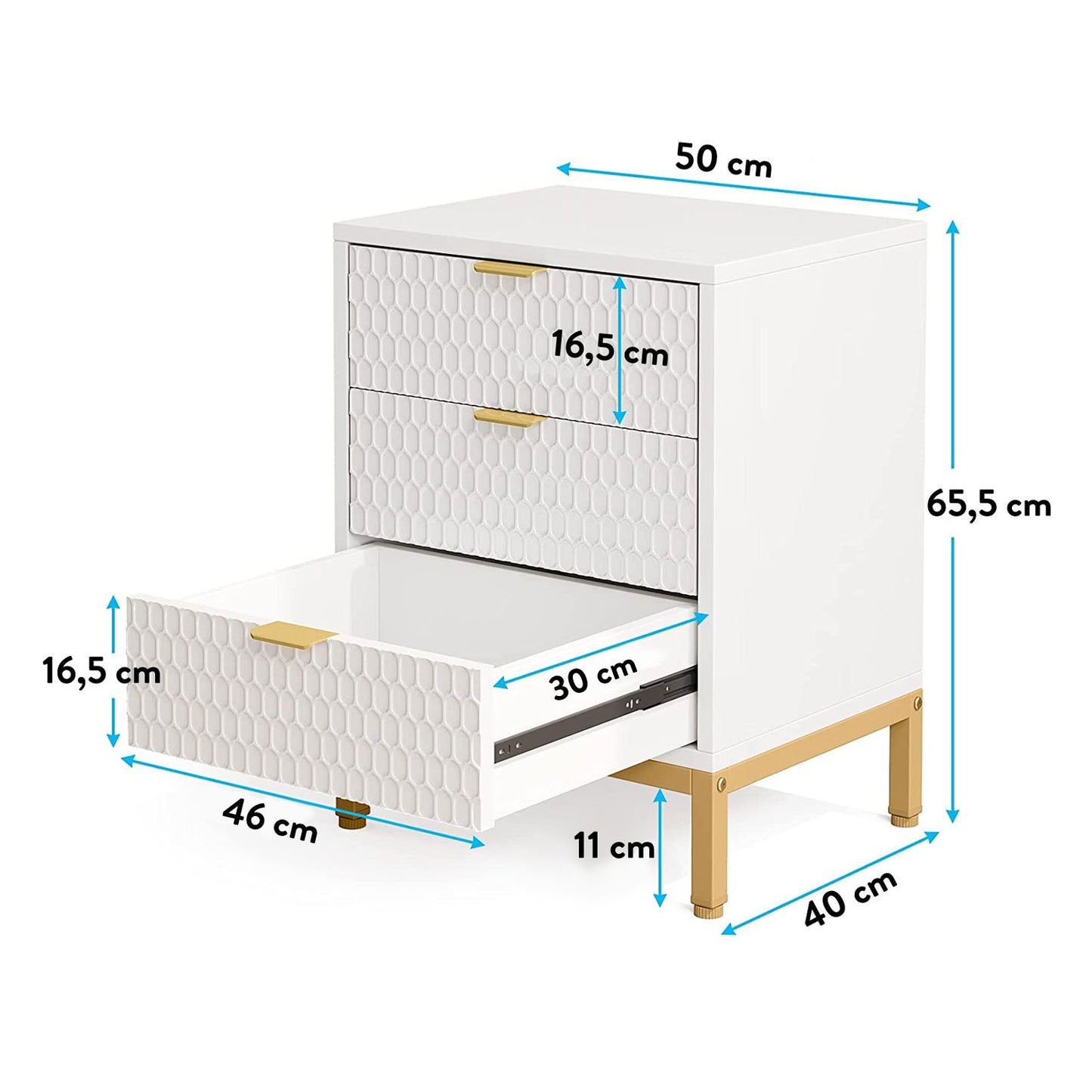 Tribesigns - Mesita de noche moderna, mesa de alto con 3 cajones, mesa auxiliar contemporánea con almacenamiento para dormitorio, Blanco Dorado
