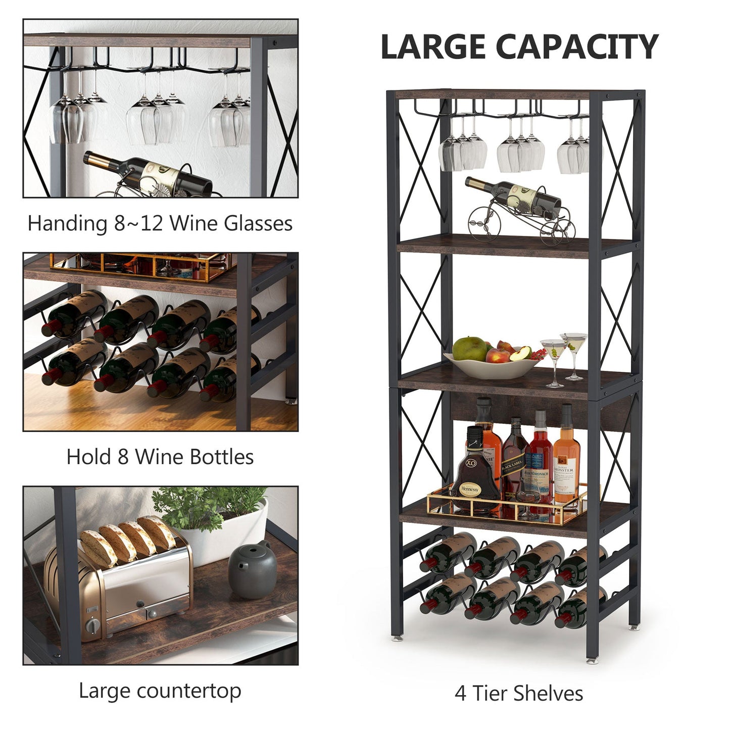 Tribesigns - Estante de vino para panaderos, de 4 niveles, con soporte de vidrio y almacenamiento de vino, color marrón rústico