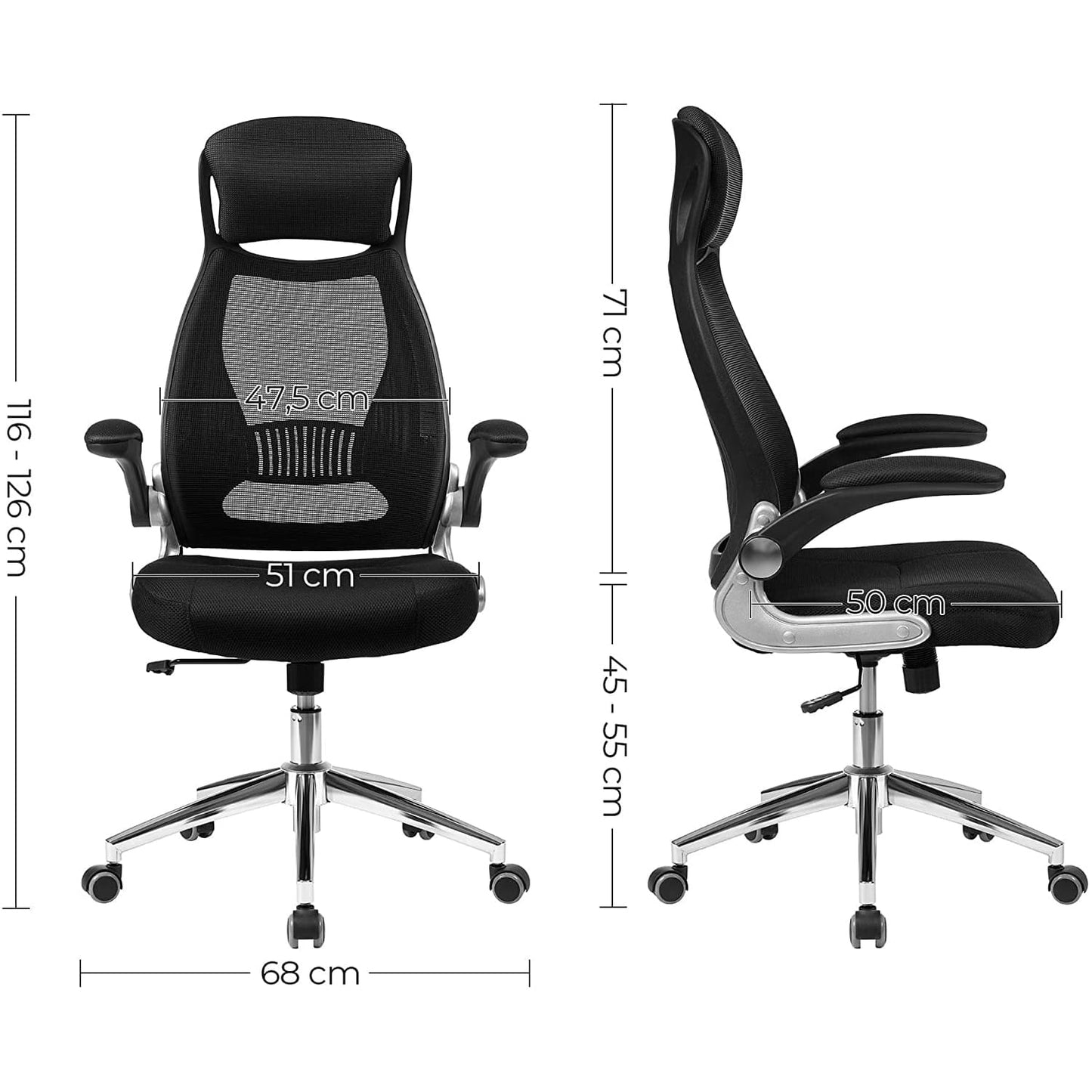 SONGMICS - Silla giratoria de Oficina Silla de Escritorio de Malla con reposacabezas Mecanismo sincronizado Altura Ajustable Negro