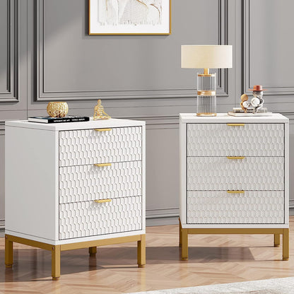 Tribesigns - Mesita de noche moderna, mesa de alto con 3 cajones, mesa auxiliar contemporánea con almacenamiento para dormitorio, Blanco Dorado