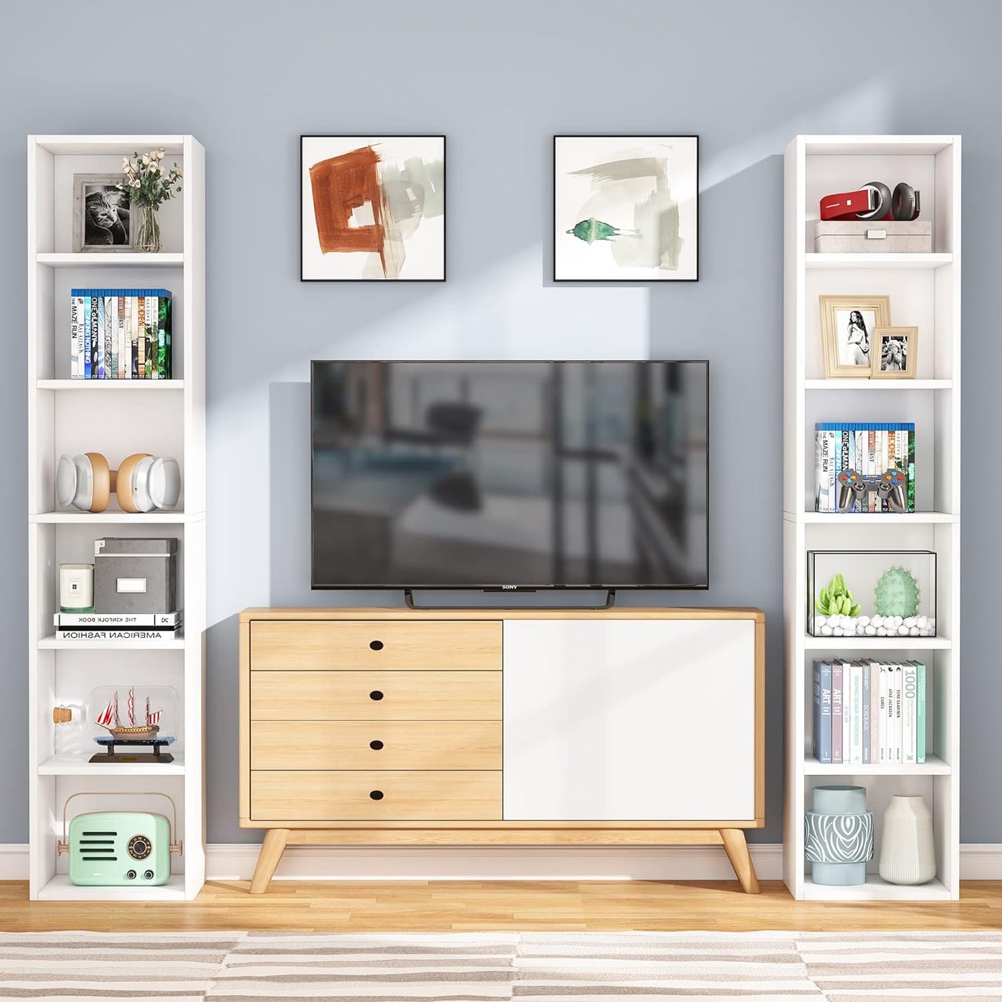Tribesigns - Librería estrecha de alto, estantería moderna de esquina blanca con almacenamiento, estantes de exhibición de cubo de 6 niveles