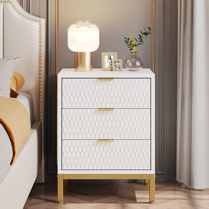 Tribesigns - Mesita de noche moderna, mesa de alto con 3 cajones, mesa auxiliar contemporánea con almacenamiento para dormitorio, Blanco Dorado