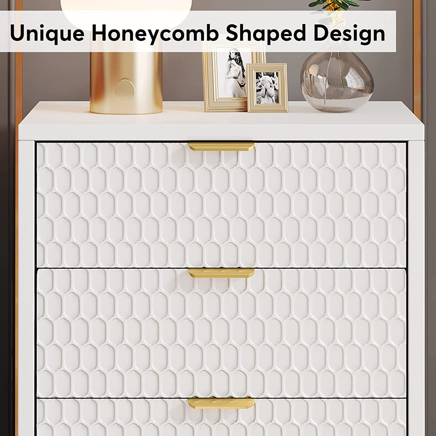 Tribesigns - Mesita de noche moderna, mesa de alto con 3 cajones, mesa auxiliar contemporánea con almacenamiento para dormitorio, Blanco Dorado