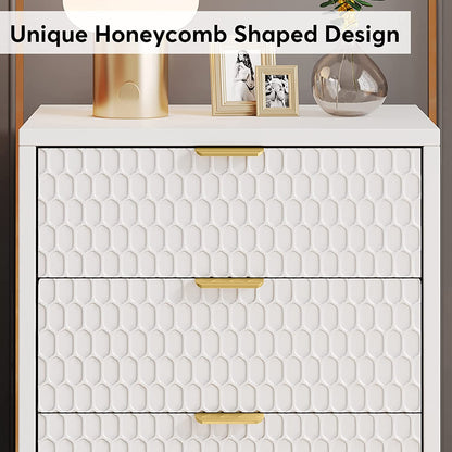 Tribesigns - Mesita de noche moderna, mesa de alto con 3 cajones, mesa auxiliar contemporánea con almacenamiento para dormitorio, Blanco Dorado